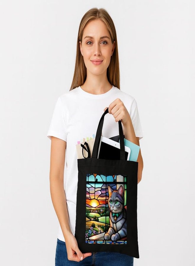 PrintingZone حقيبة تسوق سوداء من PrintingZone مزودة بجيب، حقائب قماشية مطبوعة بتصميمات مميزة للنساء، سعة كبيرة | حقيبة تسوق | للجامعة | للسفر | المزيد من حقائب اليد القماشية للجنسين (BTB43) - Image 4